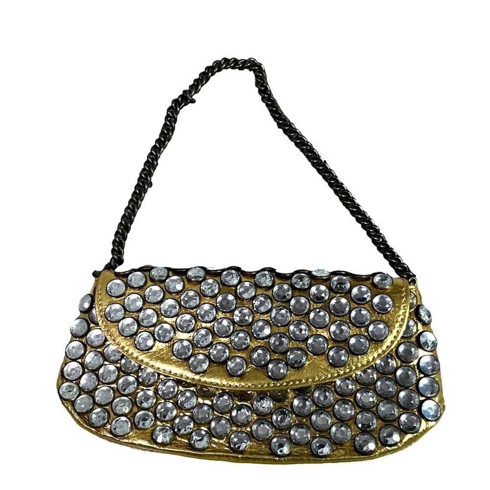 Betsey Johnson Gold Studded Chain Clutch Purse With Crystal Accents‎